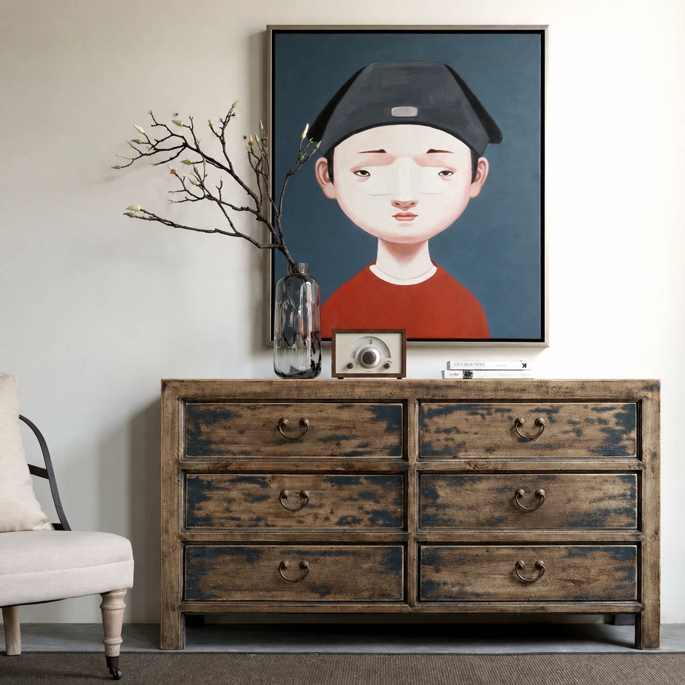 Vintage 6-Drawer Wood Dresser with Distressed Navy Finish