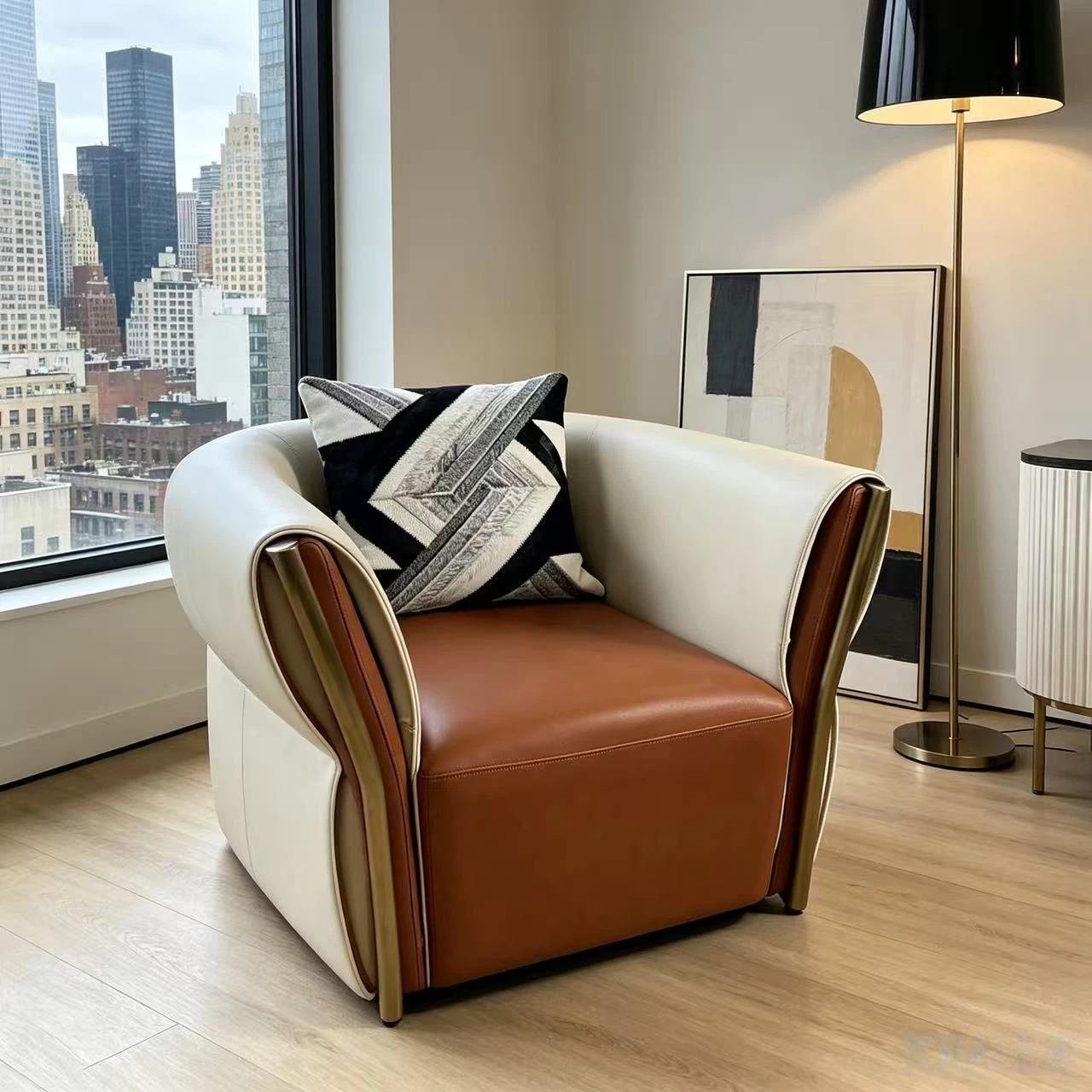 Cream Brown Genuine Leather Swivel Chair with Memory Return