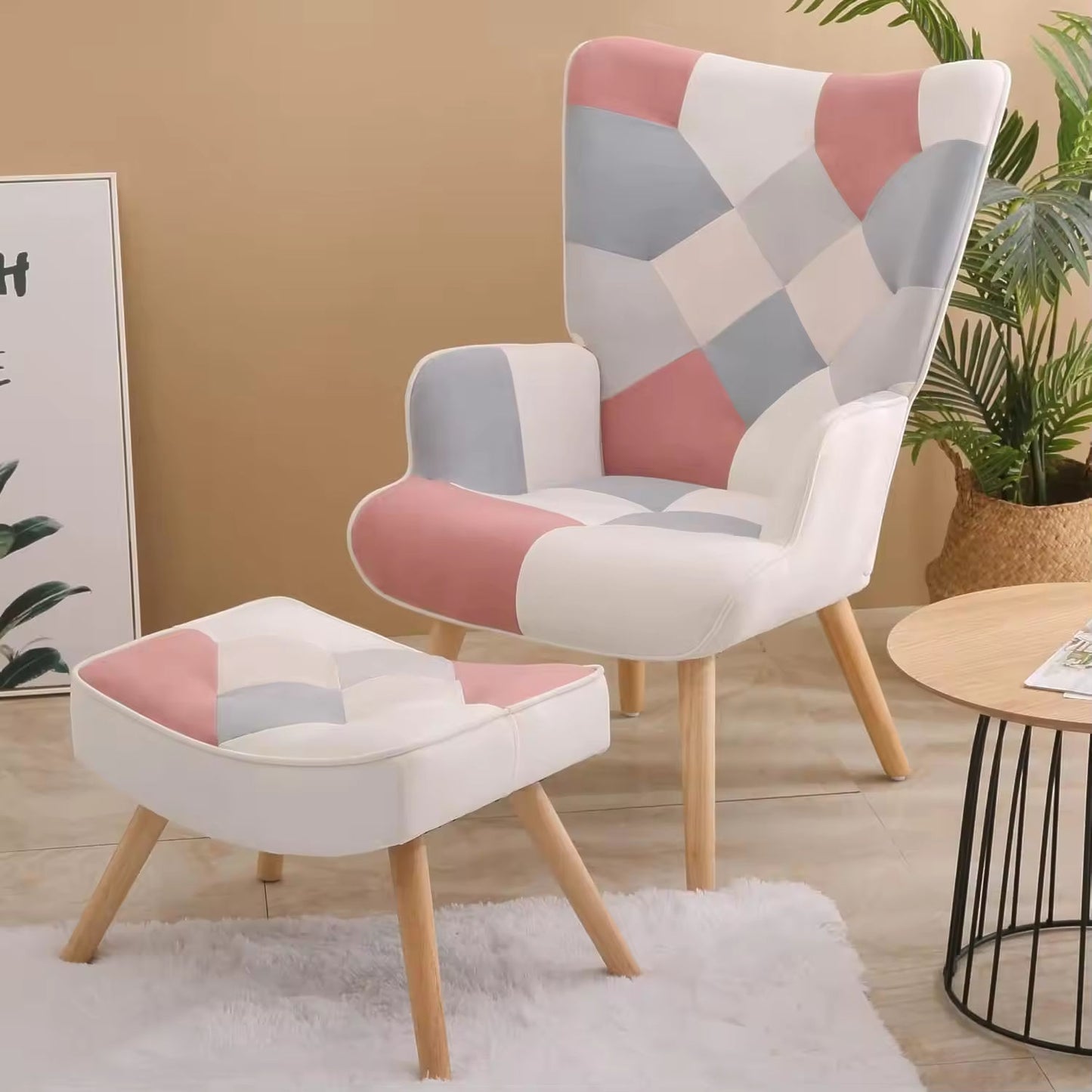 Pink Gray Patchwork Accent Chair with Ottoman Set