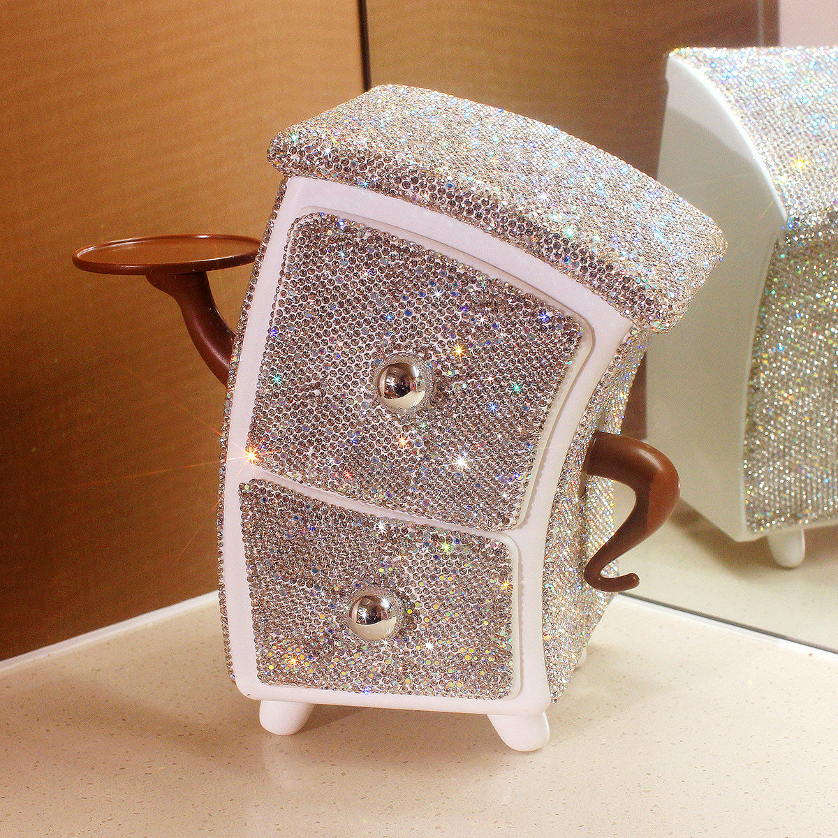 White Rhinestone 2-Drawer Jewelry Box and Desktop Organizer