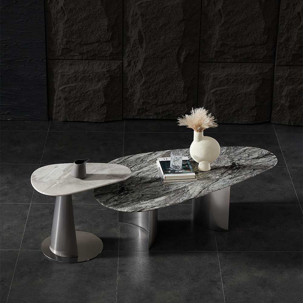 2-Piece Modern Marble Coffee Table Set with Metal Pedestal Bases