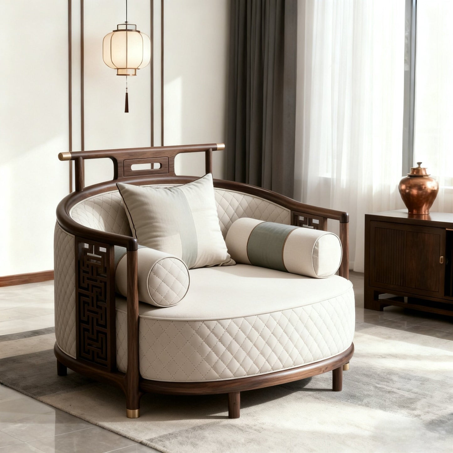 Ash Wood Barrel Accent Chair with Quilted White Upholstery