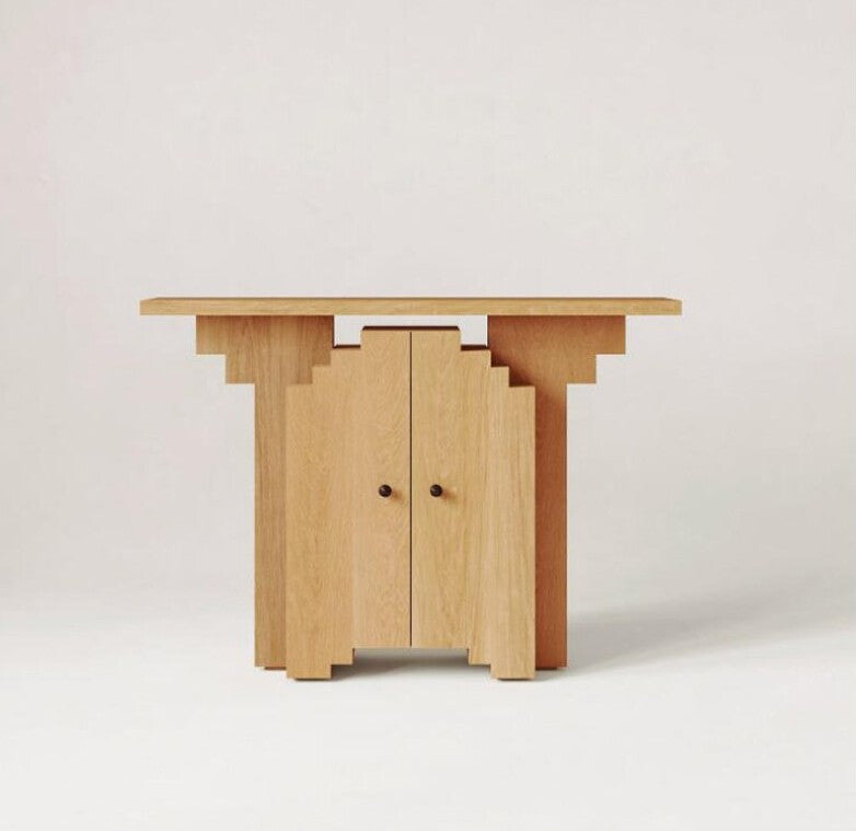 Pixel Wood Console Table with Storage, Solid Wood Entryway Cabinet, Mosaic Style Stepped Door Design, Natural Wood Foyer Table for Hallway, Living Room and Bedroom