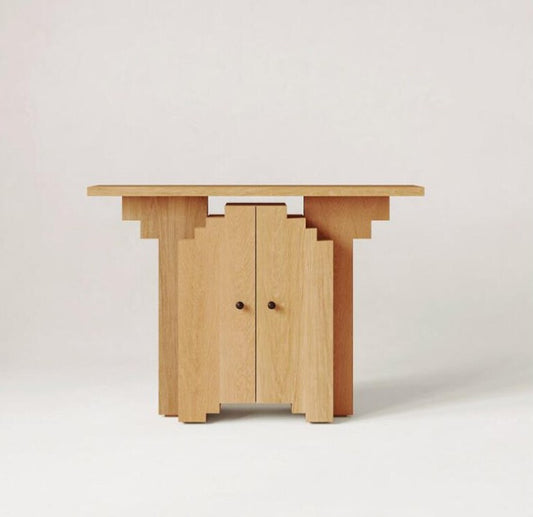 Pixel Wood Console Table with Storage, Solid Wood Entryway Cabinet, Mosaic Style Stepped Door Design, Natural Wood Foyer Table for Hallway, Living Room and Bedroom