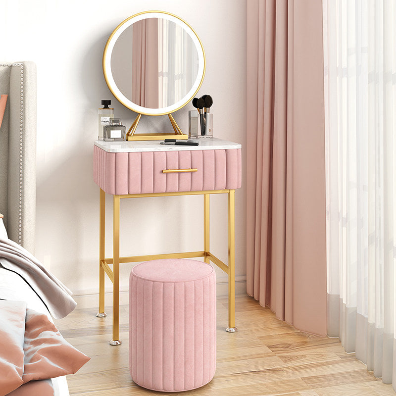 Pink Vanity Table Set with Lighted Round Mirror, Drawer, Stool, Gold Frame
