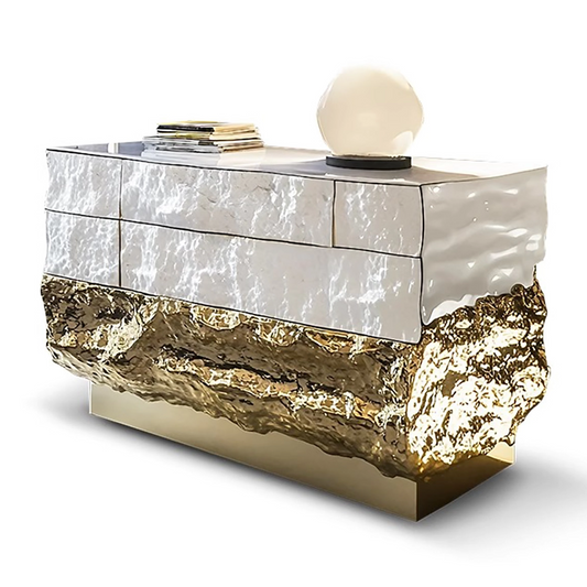 White and Gold Luxury Sideboard Cabinet, Modern Storage Credenza with Sculpted Stone-Look Front and Textured Gold Base, Buffet Cabinet for Dining Room, Living Room, Entryway, Hallway