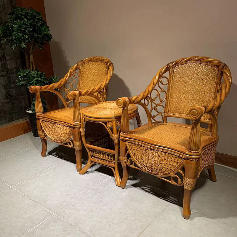 Natural Rattan High Back Armchair with Woven Seat and Storage Base