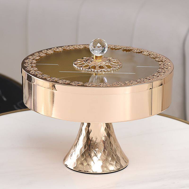 Gold Decorative Divided Candy Dish with Lid, Round Glass Snack Storage Box with Pedestal Base and Crystal-Style Knob, Luxury Countertop Organizer for Nuts, Candy, Cookies and Tea Table Decor