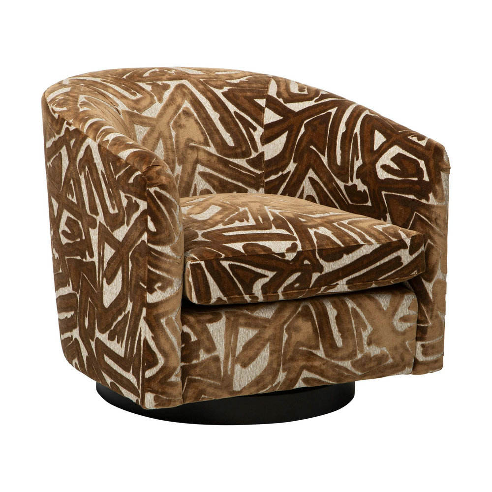 Brown Patterned Swivel Accent Chair, Upholstered Barrel Club Chair with 360° Rotating Base, Modern Velvet Lounge Armchair for Living Room, Bedroom, Hotel Lobby, Reading Nook