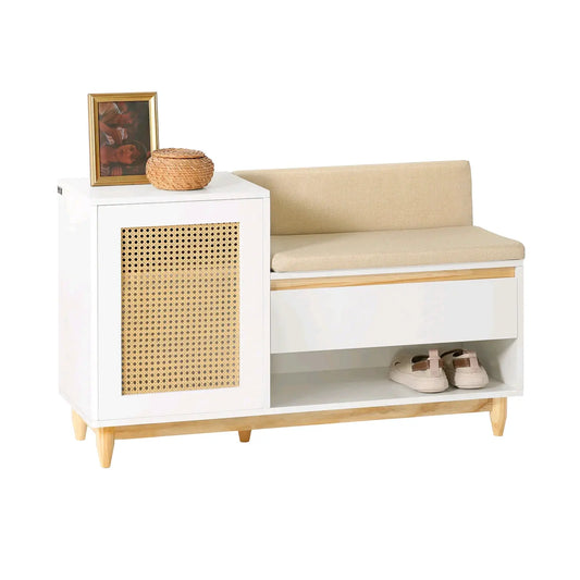White Shoe Storage Bench with Rattan-Look Door and Cushioned Seat