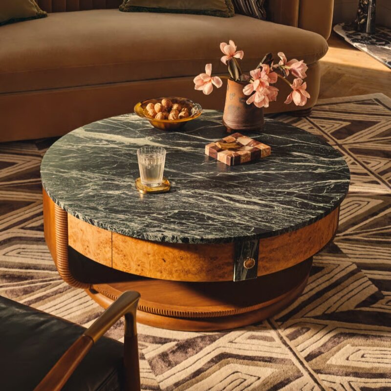 Round Marble Top Coffee Table, Solid Wood Carved Center Table with Lower Shelf for Living Room, Villa, Hotel Lounge, Vintage Cocktail Table