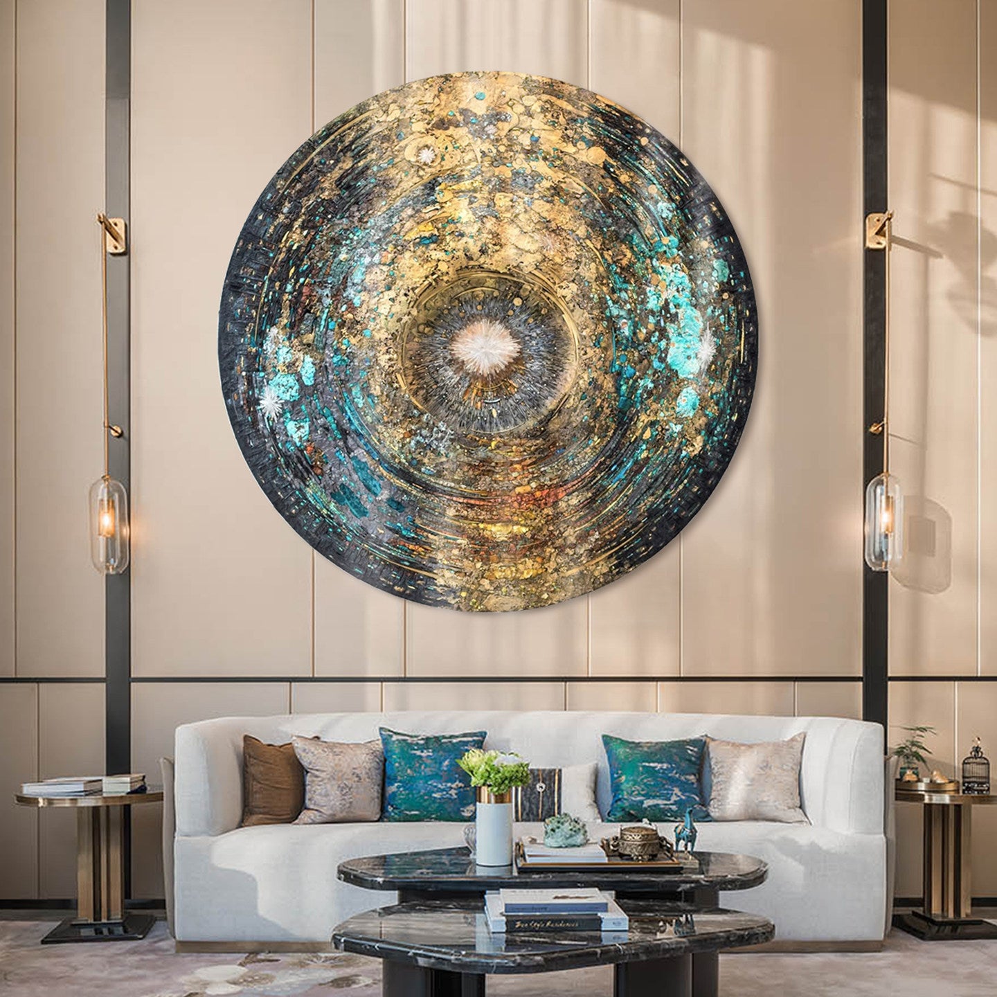 Round Abstract Wall Art 35.4 Inch, Hand Painted Textured Teal Gold Decor