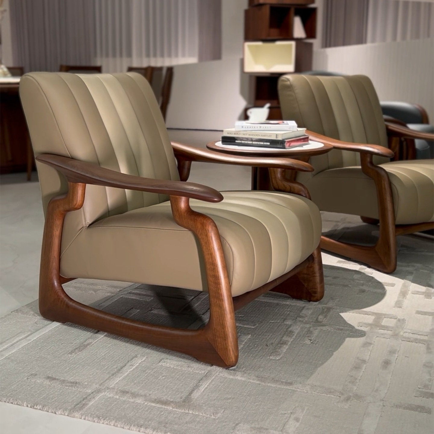 Beige Upholstered Accent Chair with Black Walnut Wood Frame