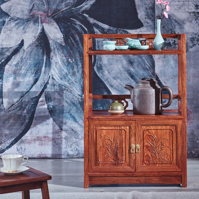 Tall Reddish Brown Solid Wood Tea Cabinet, 2-Door Buffet Sideboard with 2 Open Display Shelves, Carved Storage Cupboard for Dining Room, Living Room, Coffee Bar and Entryway
