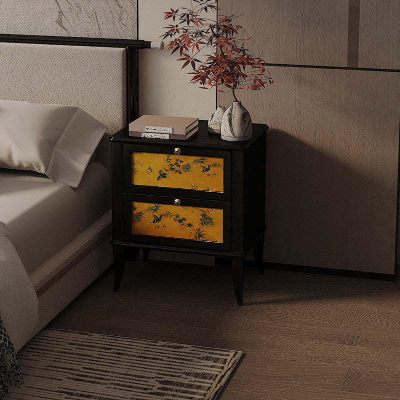 Black Solid Pine Wood Nightstand with 2 Drawers, 17.7-Inch Bedside Table with Mustard Yellow Botanical Panels, Gold-Tone Knobs and Tapered Legs for Bedroom or Living Room