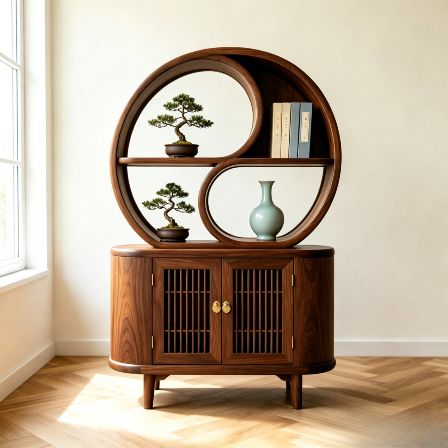 Ash Wood Display Cabinet with Shelves and Doors, 39.4 x 70.9 Inch
