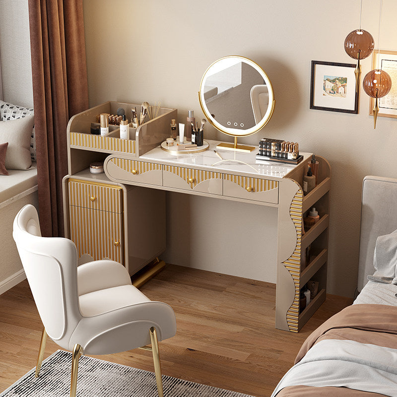 Modern Vanity Desk with Round LED Mirror, Sintered Stone Top Makeup Table with Fluted Gold-Tone Accents, Drawers, Side Storage Cabinet and Cosmetic Organizer for Bedroom