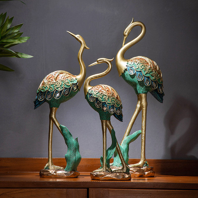 Set of 3 Gold Crane Figurines, Hand Finished Resin Bird Statues with Teal Feather Detail, Elegant Tabletop Sculpture Decor for Living Room, Entryway, Console Table, Office, Hotel, Spa, and Wine Cabinet