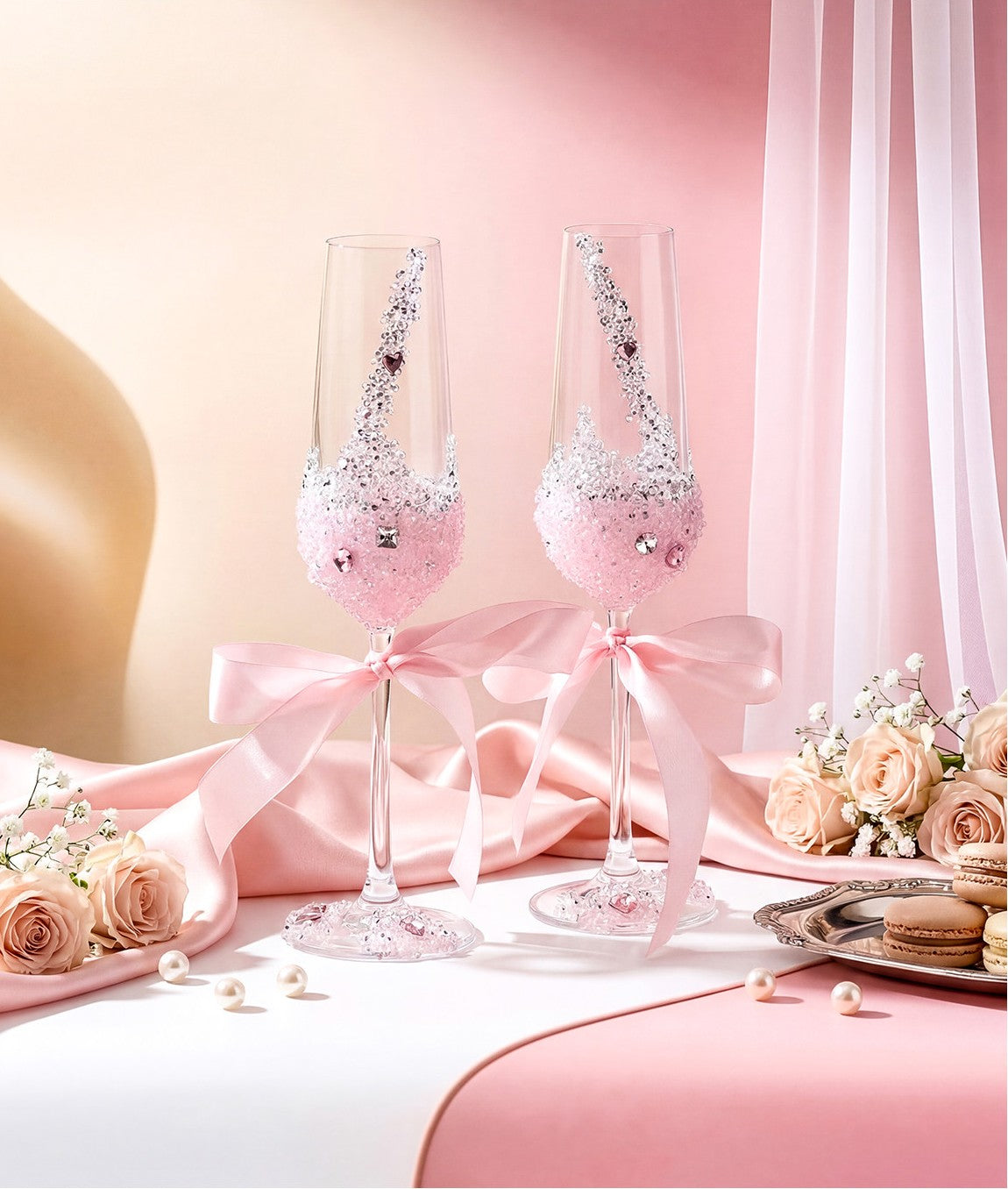 Pink Rhinestone Champagne Flutes with Bow, Decorative Glass Set of 2