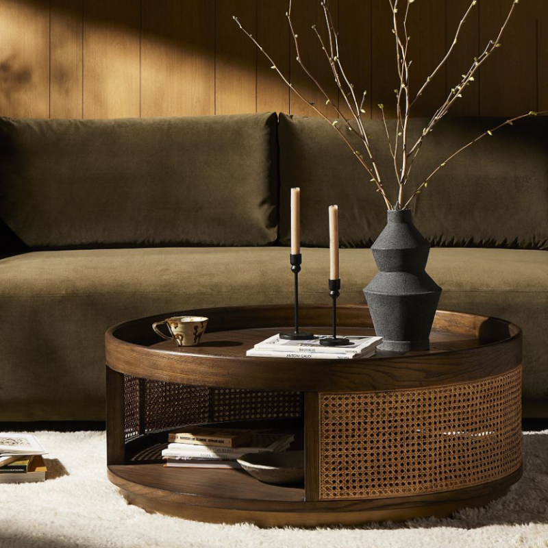 Round Wood Rattan Coffee Table, Cane Woven Center Table with Lower Storage Shelf for Living Room, Hotel, Villa, Farmhouse Lounge Decor