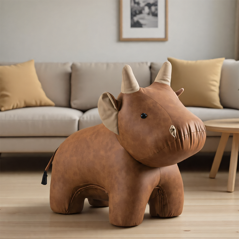 Brown Calf-Shaped Accent Stool, Upholstered Animal Seat with Rounded Body, Horns and Tail, Sculptural Ottoman for Entryway, Living Room, Bedroom and Playroom Décor