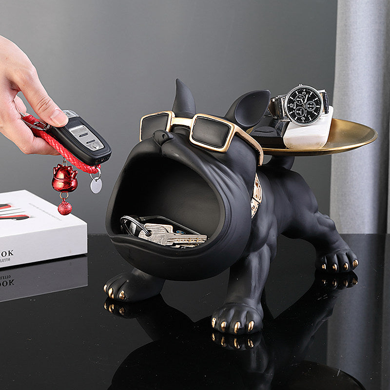 Black Resin French Bulldog Key Holder Tray, Modern Decorative Dog Catchall Organizer with Gold Round Tray and Sunglasses, Entryway Tabletop Storage Accent for Keys, Coins, Jewelry and Console Decor