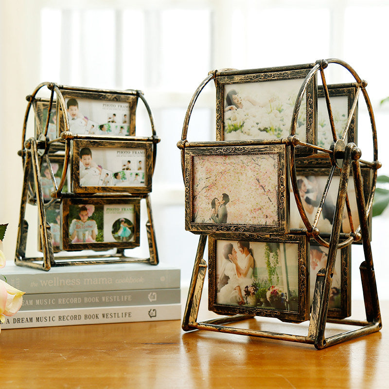 Antique Bronze Rotating Ferris Wheel Picture Frame, Tabletop Collage Photo Display with 6 Double-Sided 5 x 3.5 Inch Frames for Living Room, Bedroom, Office and Wedding Décor