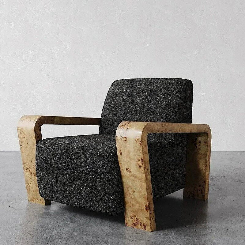 Black Linen Accent Chair with Burl Wood Arms, Modern Upholstered Lounge Armchair for Living Room, Bedroom, Office, Hotel Lobby, Reception Area, Reading Corner and Luxury Home Decor