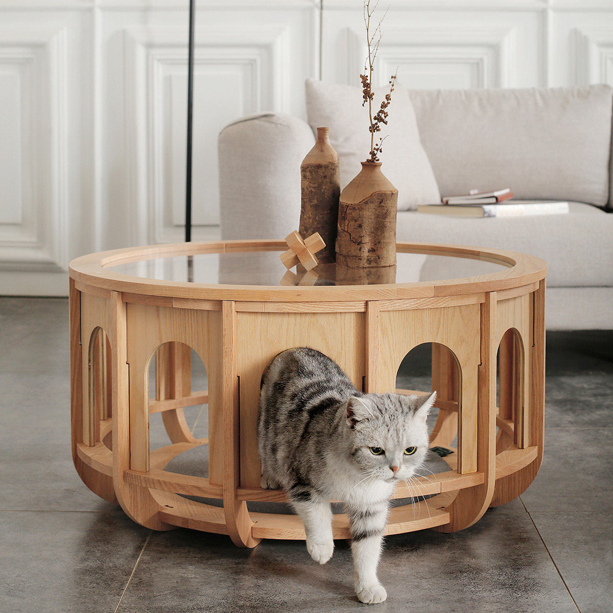 Natural Solid Red Oak Round Cat Coffee Table with Glass Top and Pet Bed