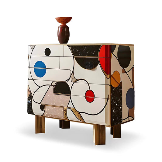 Colorful Abstract Accent Cabinet, Modern Sideboard Storage Cabinet with Painted Geometric Doors, Decorative Credenza Buffet Cabinet for Dining Room, Living Room, Entryway, Hallway