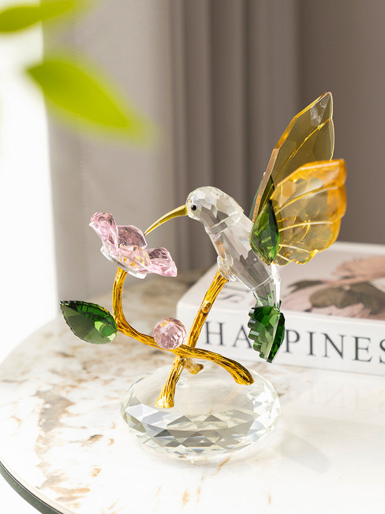 Crystal Hummingbird Figurine with Flower, Gold Decorative Bird Sculpture