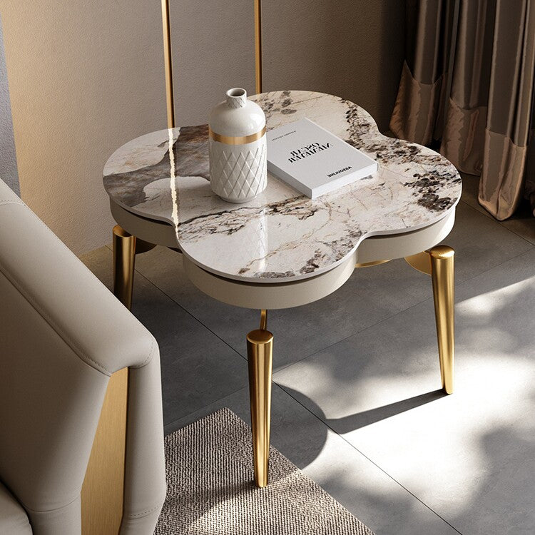 Four Leaf Clover Side Table, Champagne Gold Accent Table with Sintered Stone Top, Modern Stainless Steel End Table for Living Room, Sofa Side, Bedroom, Lounge