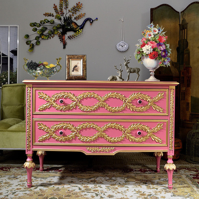 Pink Solid Wood Entryway Cabinet with 2 Drawers and Gold Trim
