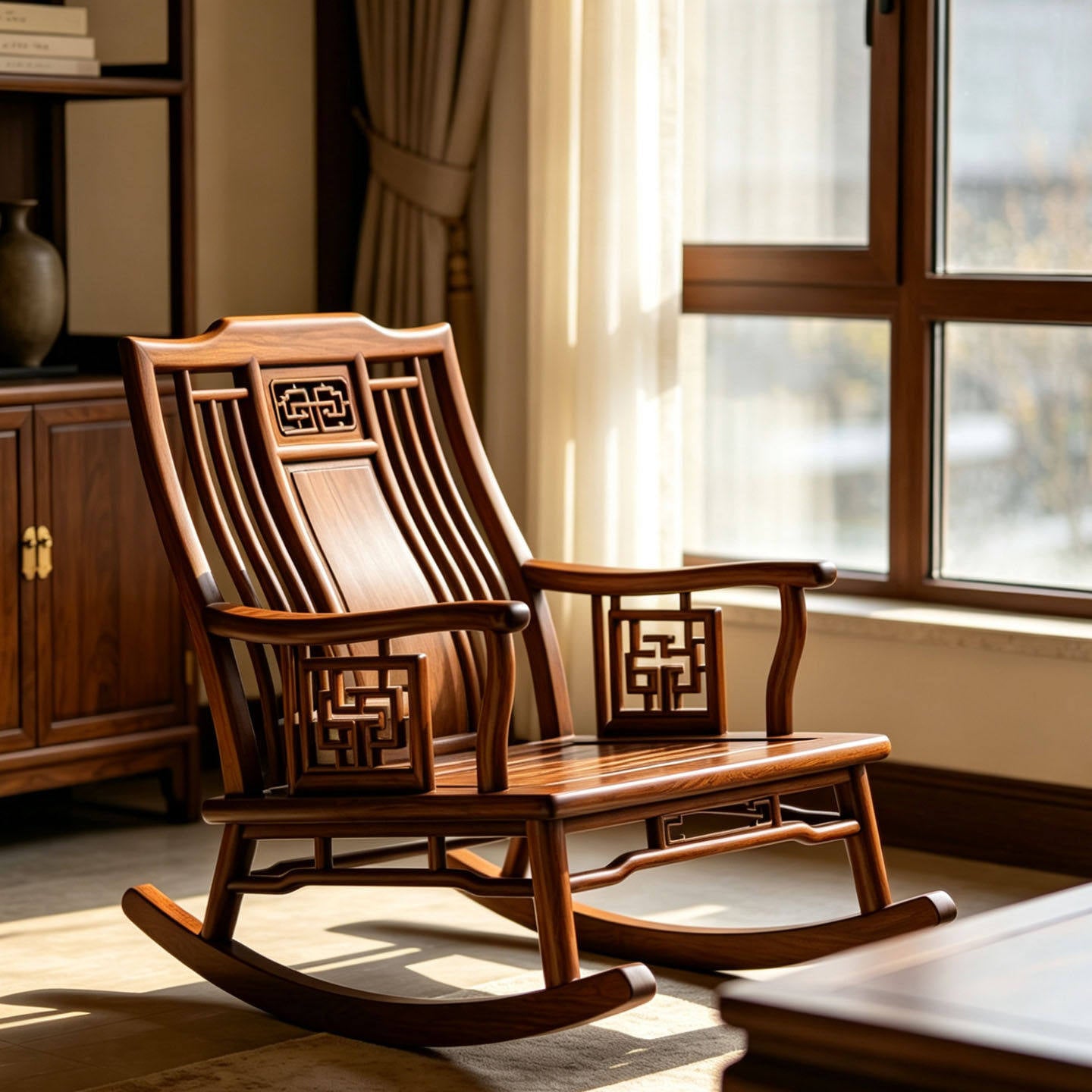 Solid Ash Wood Rocking Chair with Cushions, Walnut Finish