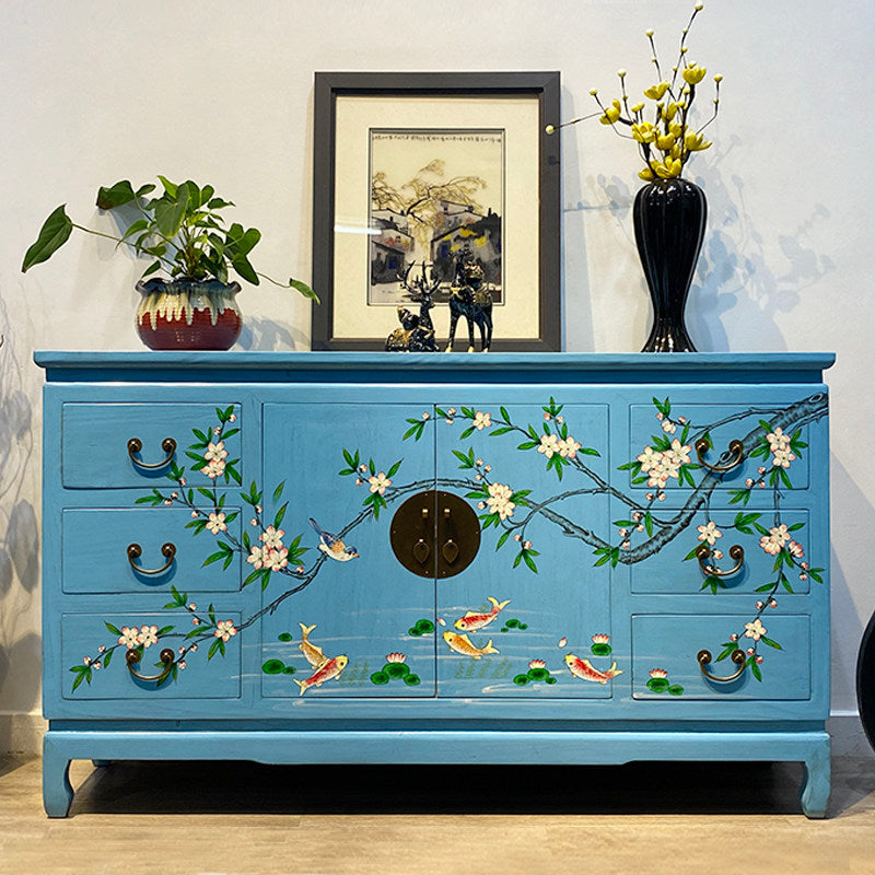 Sky Blue Hand Painted Chinese Style Sideboard Cabinet, Solid Wood Buffet Storage Cabinet with Floral Bird and Fish Design, Dining Room Credenza for Kitchen, Living Room, Entryway, Hallway, and Home Storage
