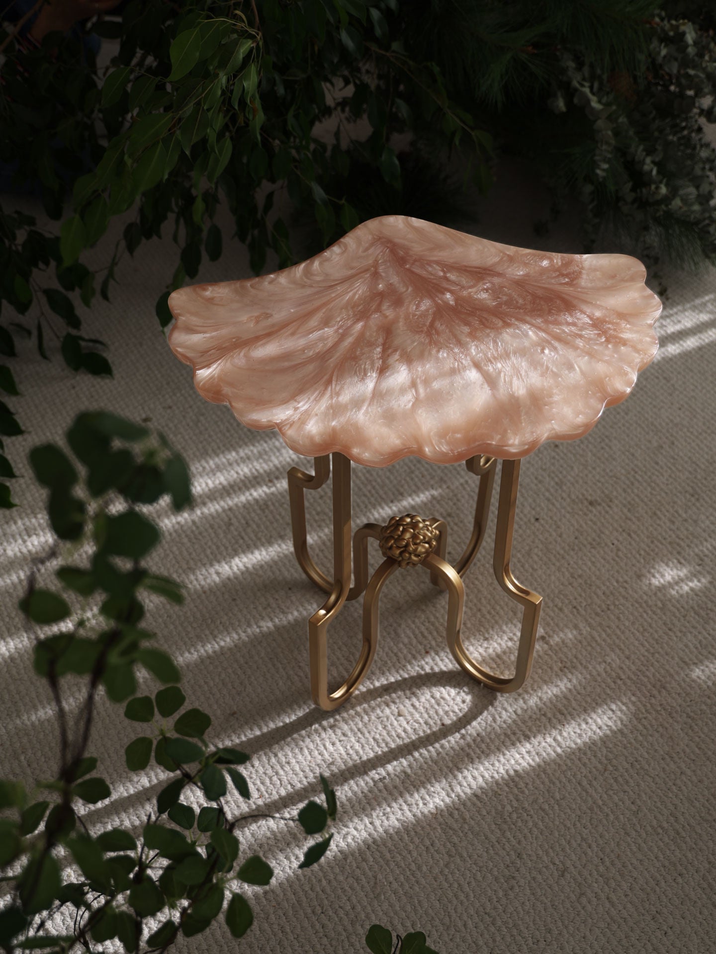 Pink Resin Shell Side Table with Gold Metal Base, Sculptural End Table
