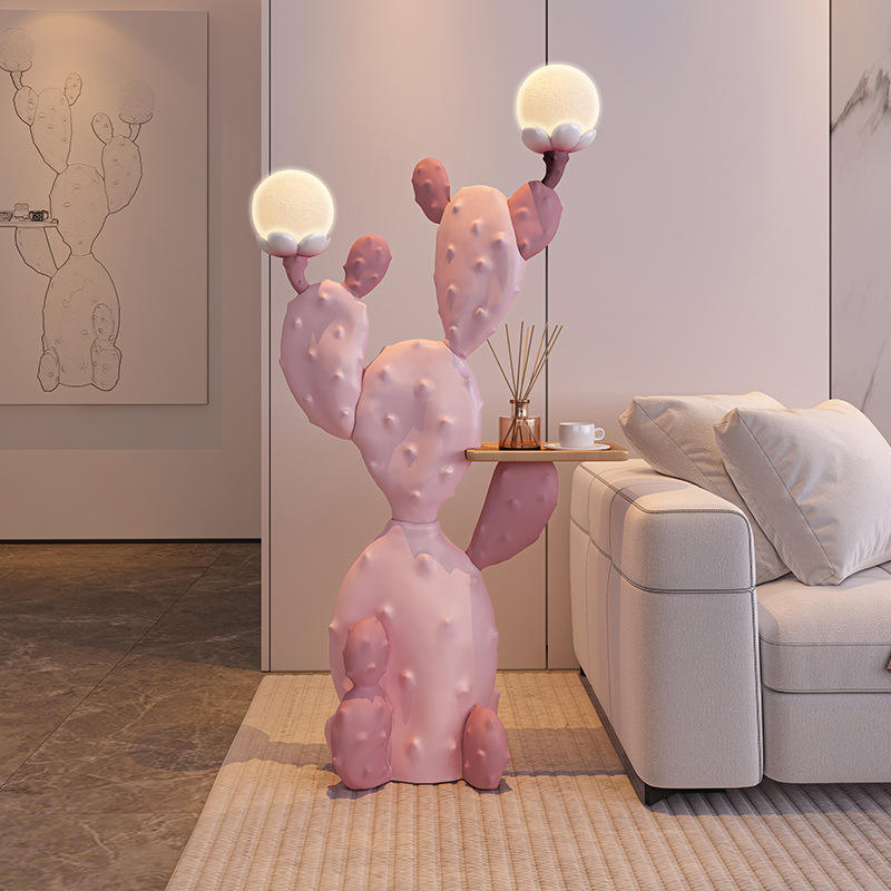 Pink Resin Cactus Floor Lamp with 2 Globe Lights and Tray