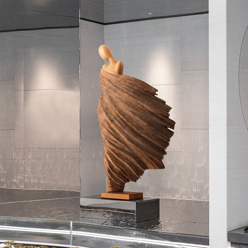 Large Abstract Female Wood Floor Sculpture, Tall Flowing Figurative Statue, Hand Carved Wooden Art Decor for Hotel Lobby, Villa, Clubhouse, Entryway, Living Room and Gallery