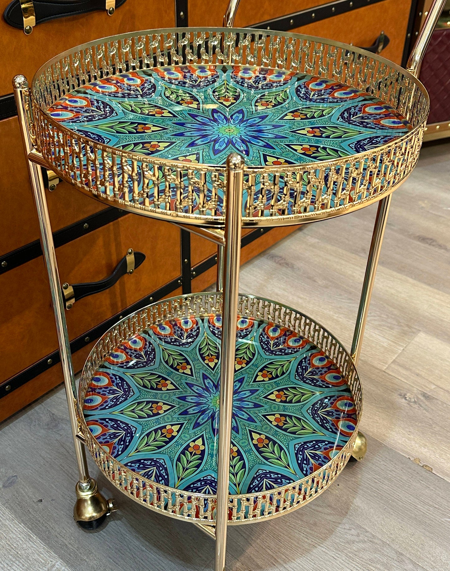 Gold Round Bar Cart with Wheels, 2 Tier Tempered Glass Serving Cart with Metal Frame, Luxury Rolling Storage Trolley for Living Room, Dining Room, Kitchen, Drinks and Decor