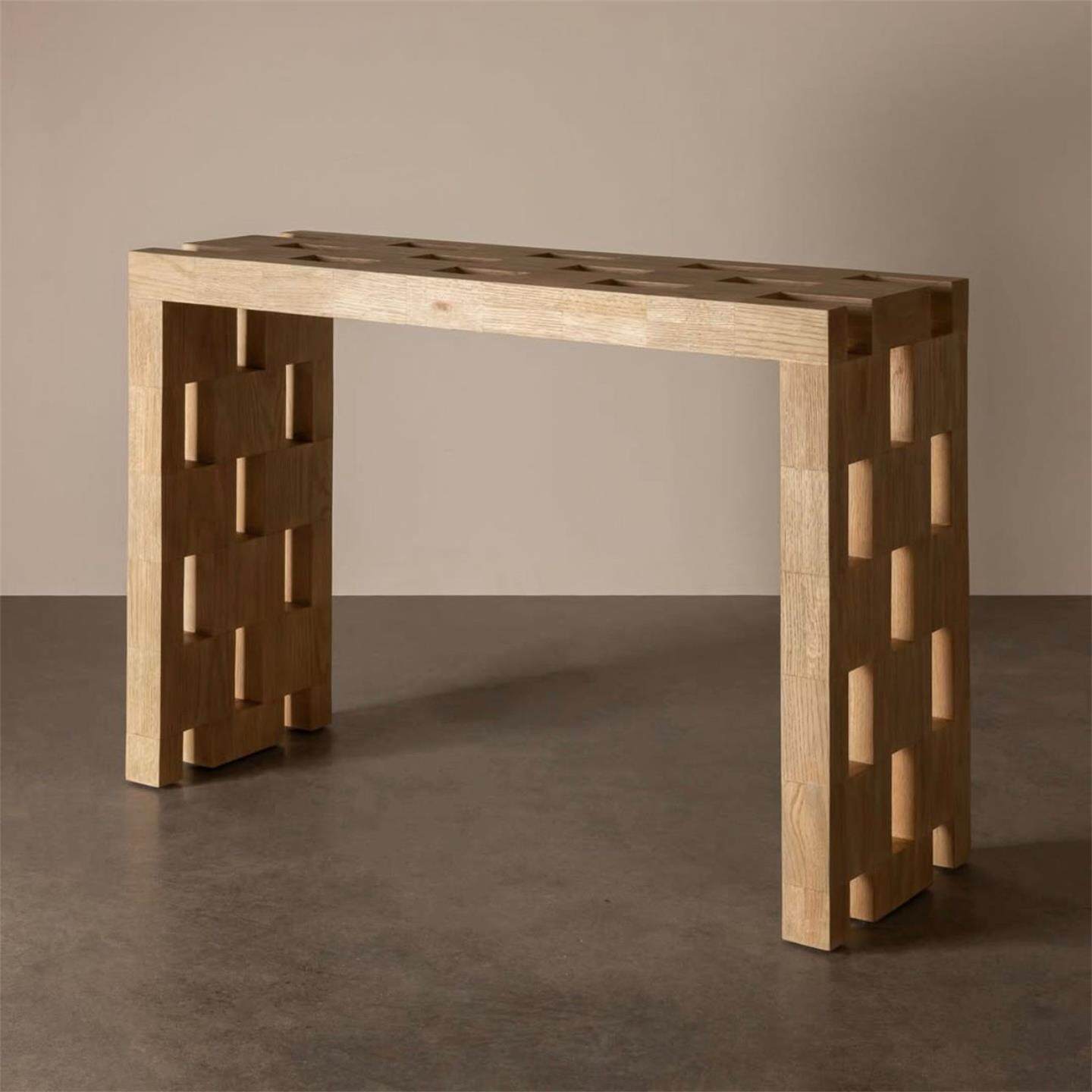 Solid Wood Console Table, 55 Inch Narrow Entryway Table with Geometric Open Base, Natural Wood Sofa Table for Hallway, Foyer, Living Room, Behind Couch, Entry Decor