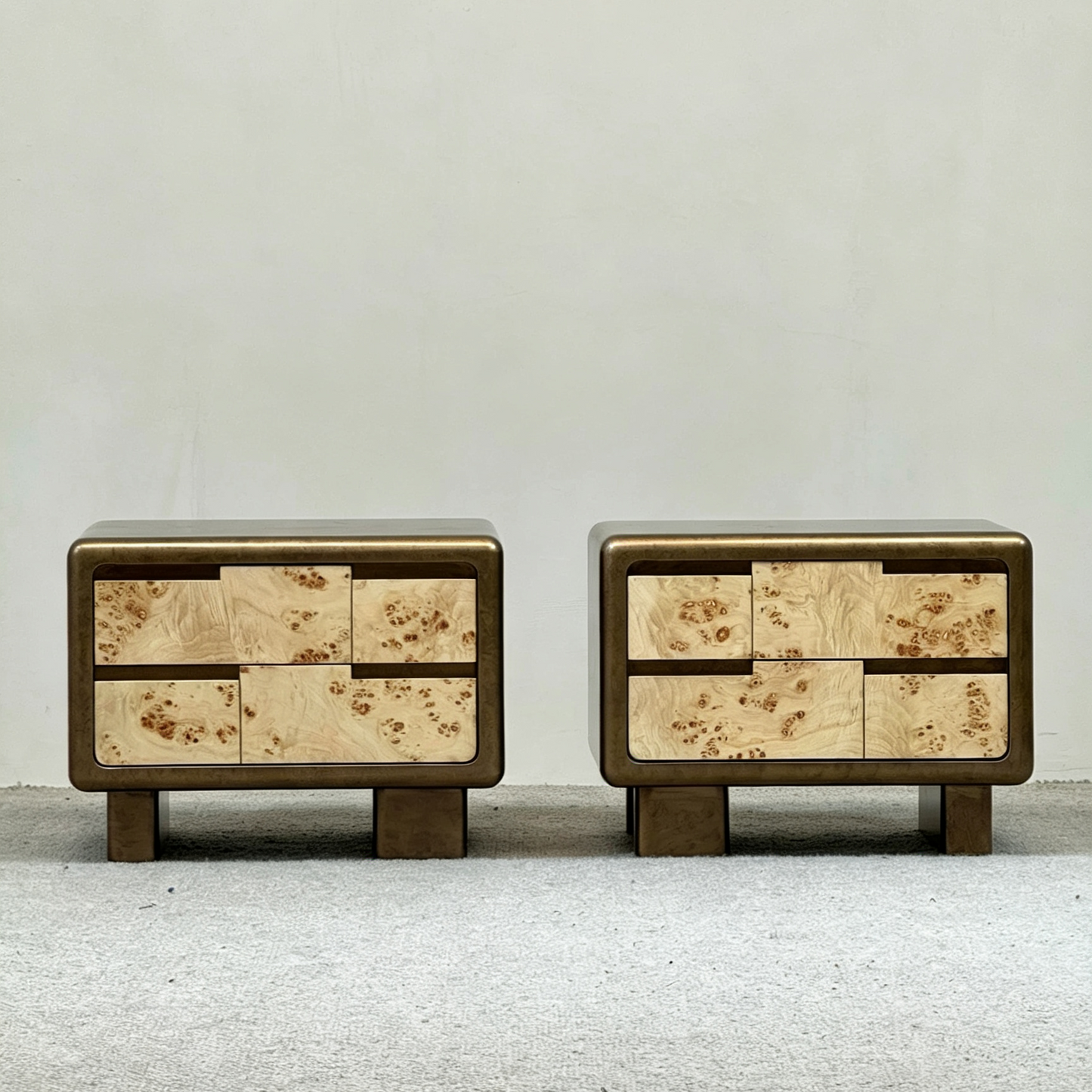 Brown Burl Veneer Nightstand with Storage Drawers for Bedroom