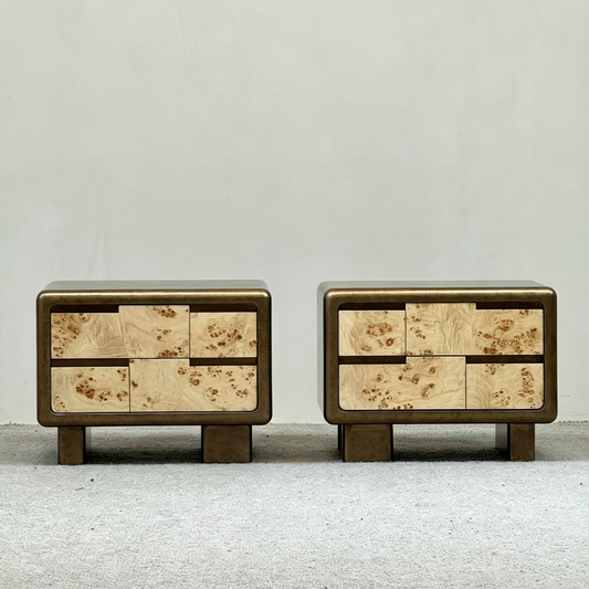 Brown Burl Veneer Nightstand with Storage Drawers for Bedroom