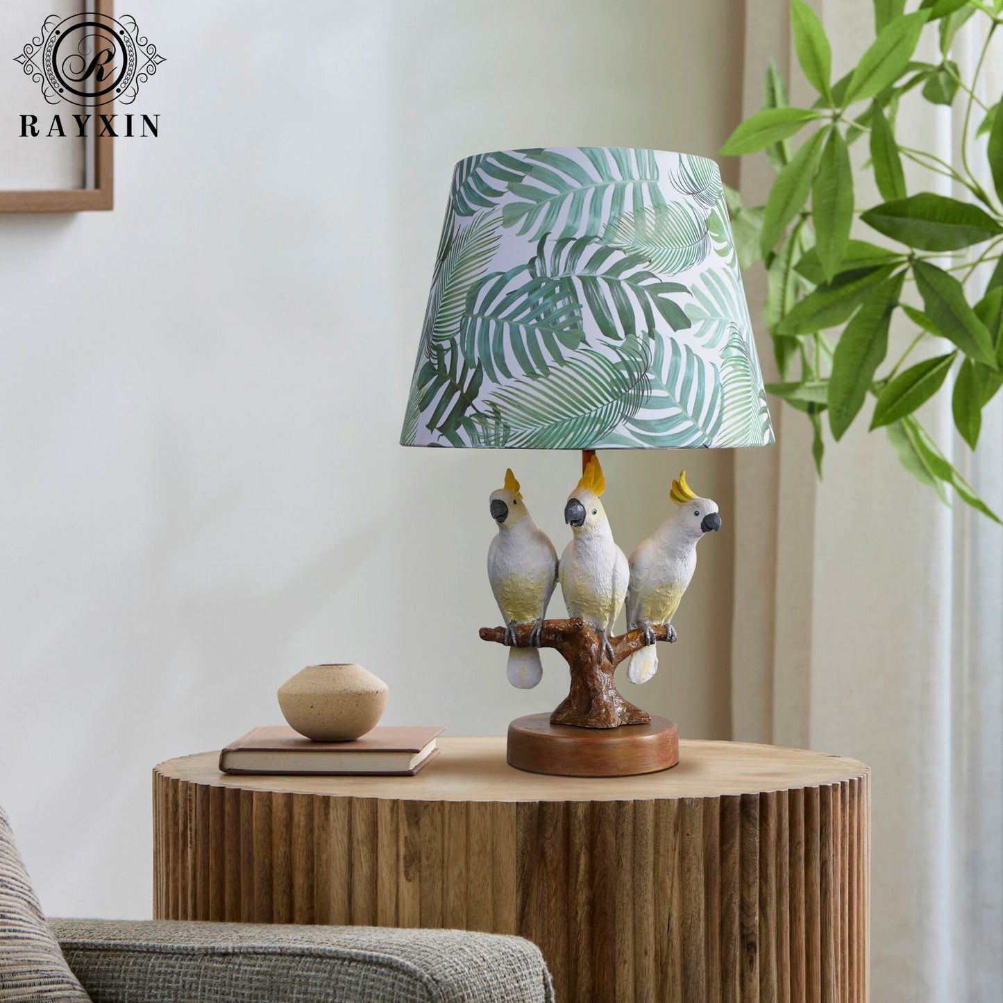Tropical Bird Table Lamp, Cockatoo Parrot Bedside Lamp with Leaf Print Fabric Shade, Button Switch and Two-Pin Plug for Bedroom, Kids Room, Study, Nightstand and Hotel Decor