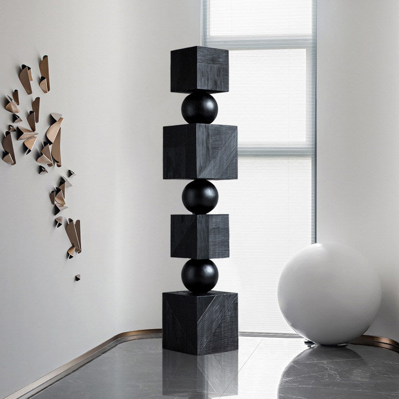 Black Geometric Wood Floor Sculpture, Tall Abstract Stacked Cube and Sphere Statue, Modern Carved Wooden Column Decor for Hotel Lobby, Entryway, Living Room, Office and Gallery