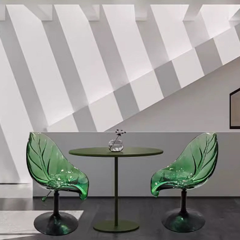Transparent Green Resin Leaf Accent Chair, Adjustable-Height Sculptural Pedestal Seat with Botanical Vein Backrest for Living Room, Vanity, Hotel Lounge and Covered Patio