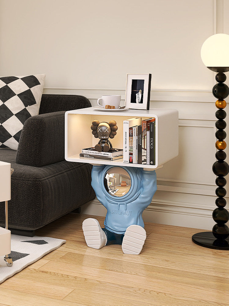 Blue and White Resin Astronaut Side Table with White Wood Storage Cabinet, Motion Sensor Light, Cartoon Kids Bedside End Table for Bedroom, Nursery, Playroom, Living Room and Sofa Side Use