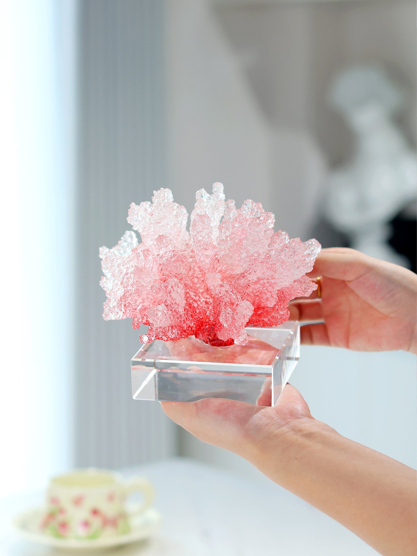 Pink Coral Sculpture, Decorative Crystal Resin Tabletop Figurine