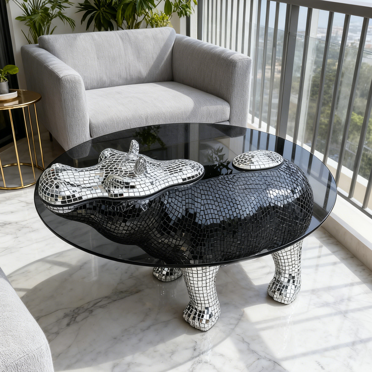 Silver Mirrored Hippo Coffee Table with Round Glass Top, Modern Animal Sculpture Side Table, Fiberglass Resin Hippopotamus Accent Table for Living Room Lounge Decor