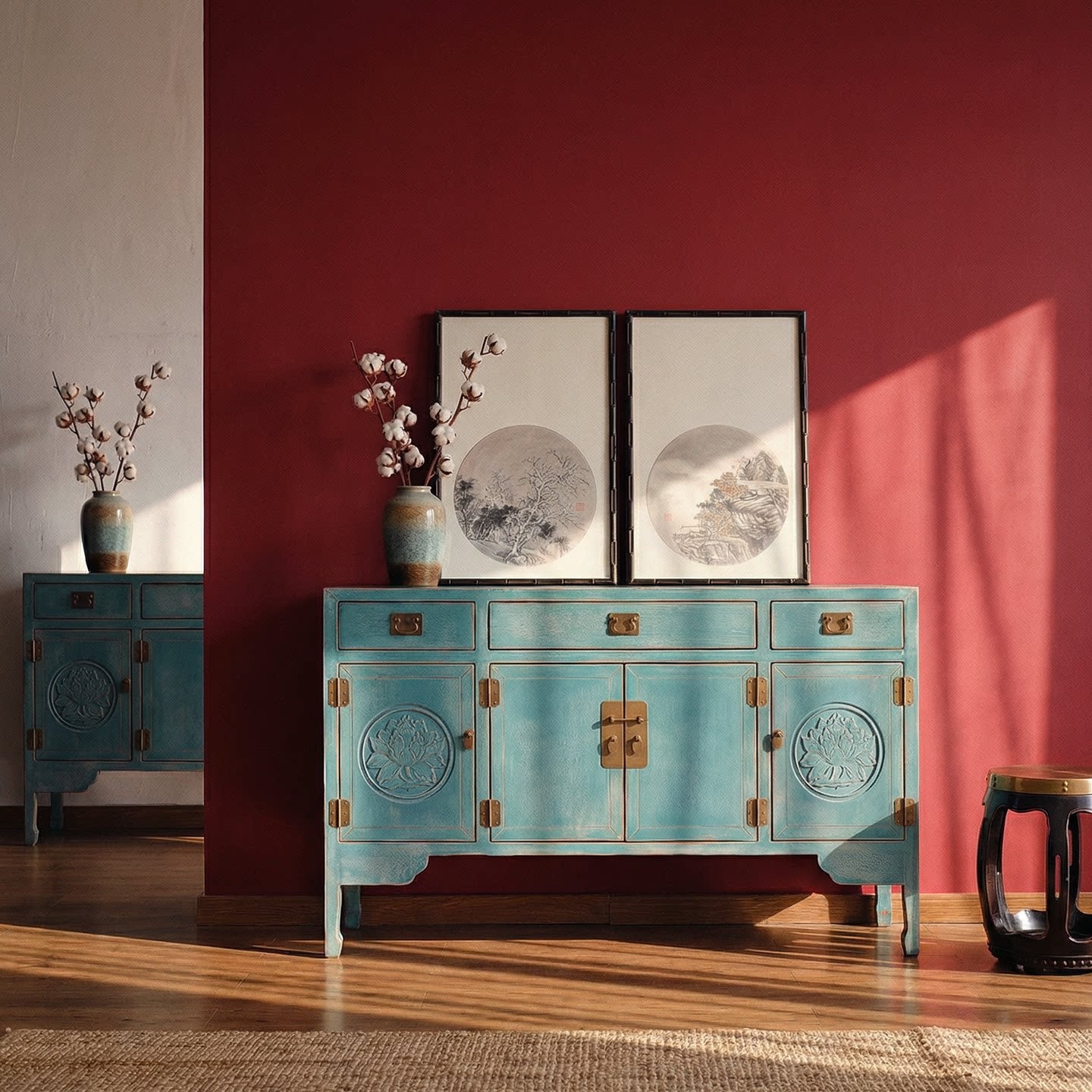 Distressed Blue 4-Door Sideboard with 3 Drawers, Vintage Storage Cabinet