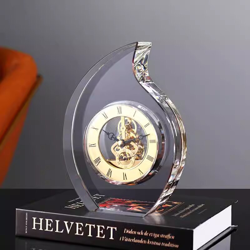 Crystal Table Clock with Exposed Gear Dial, Modern Decorative Desk Clock